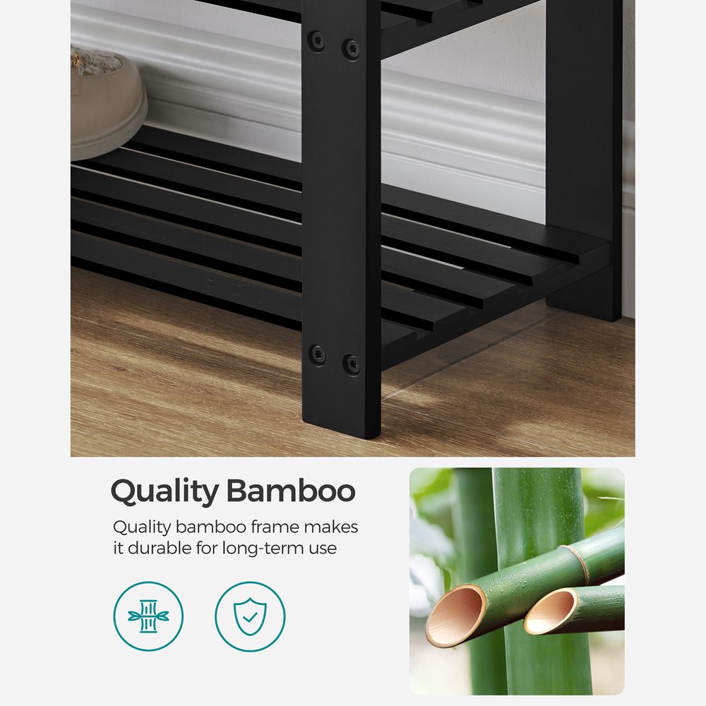Bamboo Shoe Bench | Cushioned Seat With Two Storage Shelves