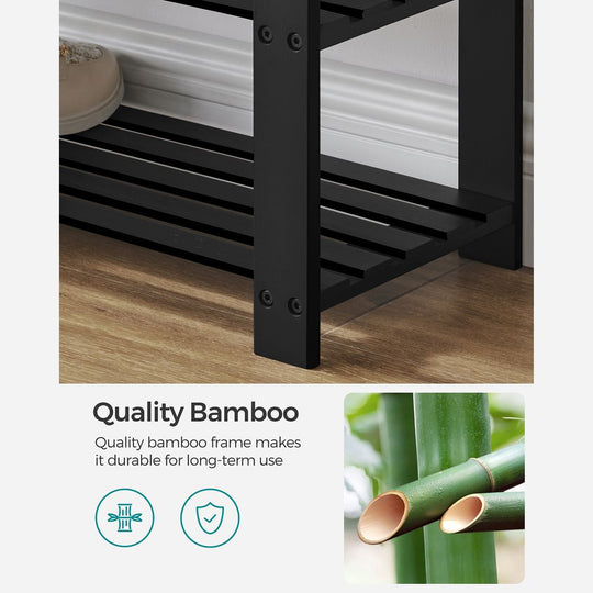 Bamboo Shoe Bench | Cushioned Seat With Two Storage Shelves