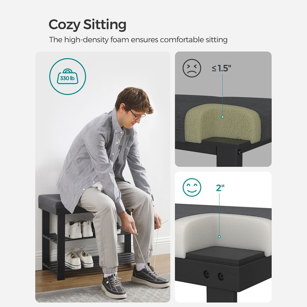 Bamboo Shoe Bench | Cushioned Seat With Two Storage Shelves