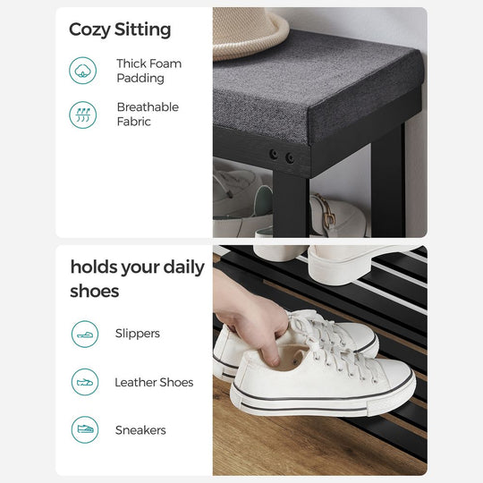Bamboo Shoe Bench | Cushioned Seat With Two Storage Shelves