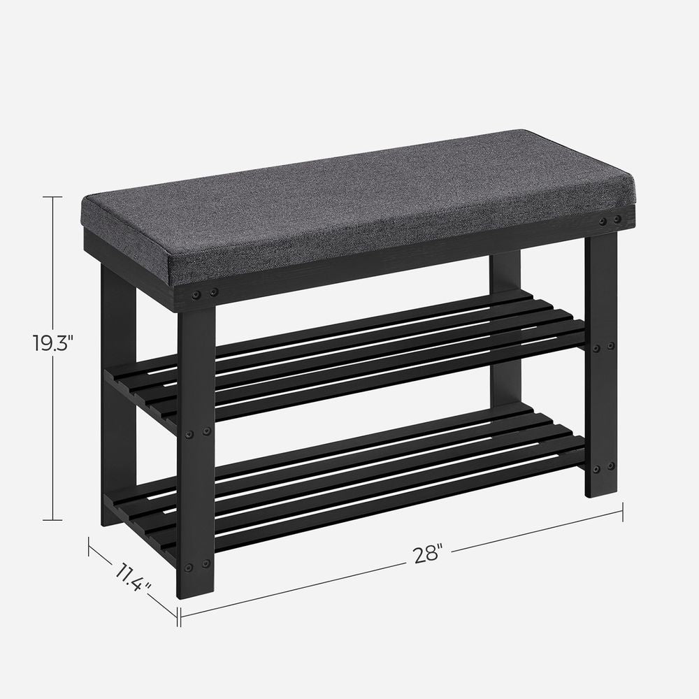 Bamboo Shoe Bench | Cushioned Seat With Two Storage Shelves
