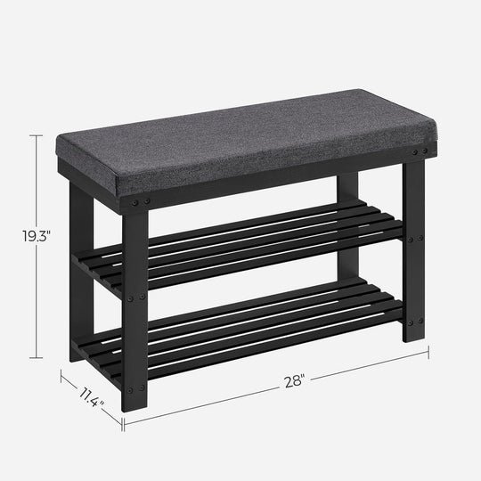 Bamboo Shoe Bench | Cushioned Seat With Two Storage Shelves