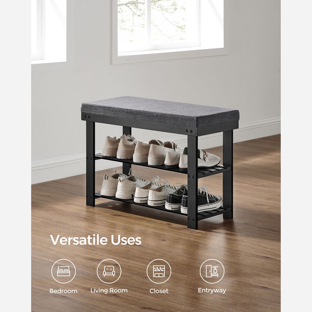 Bamboo Shoe Bench | Cushioned Seat With Two Storage Shelves