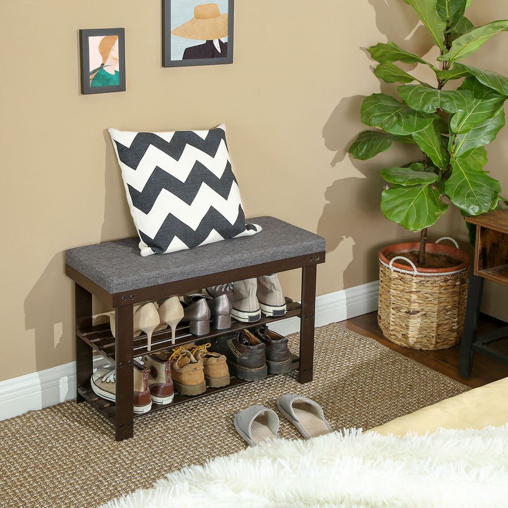 Bamboo Shoe Bench | Cushioned Seat With Two Storage Shelves
