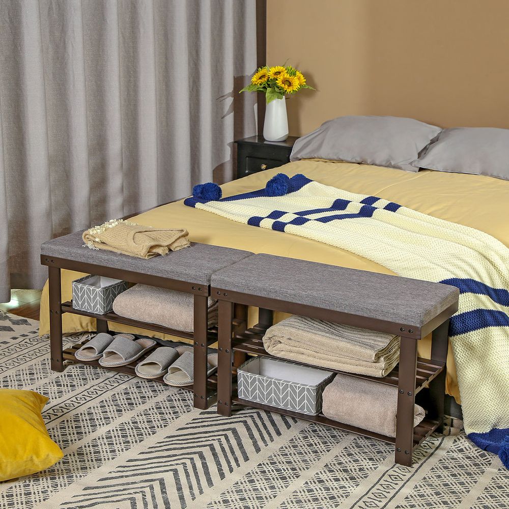 Bamboo Shoe Bench | Cushioned Seat With Two Storage Shelves