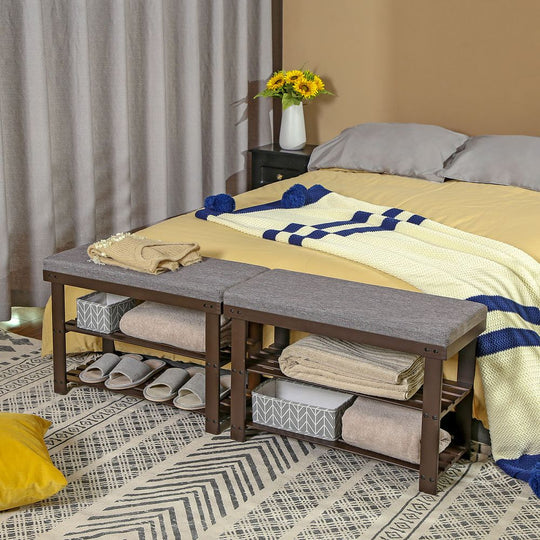 Bamboo Shoe Bench | Cushioned Seat With Two Storage Shelves