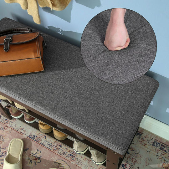 Bamboo Shoe Bench | Cushioned Seat With Two Storage Shelves