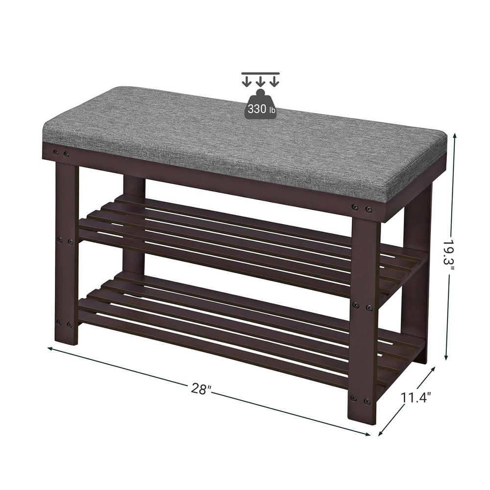 Bamboo Shoe Bench | Cushioned Seat With Two Storage Shelves