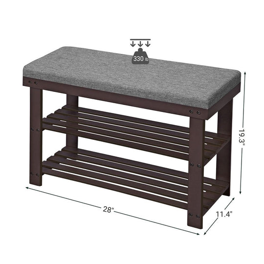 Bamboo Shoe Bench | Cushioned Seat With Two Storage Shelves
