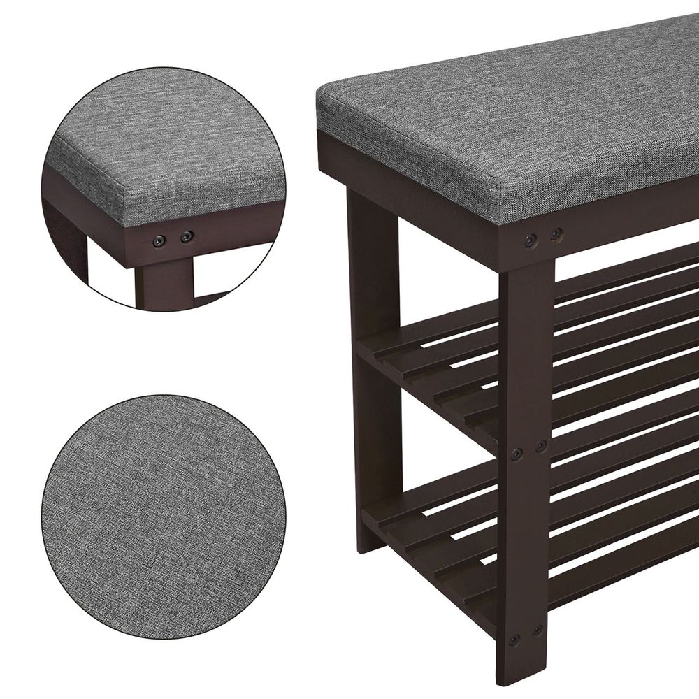 Bamboo Shoe Bench | Cushioned Seat With Two Storage Shelves