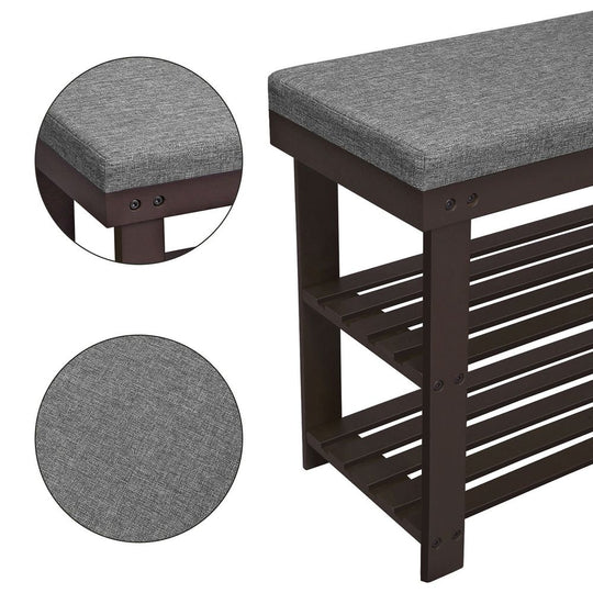 Bamboo Shoe Bench | Cushioned Seat With Two Storage Shelves