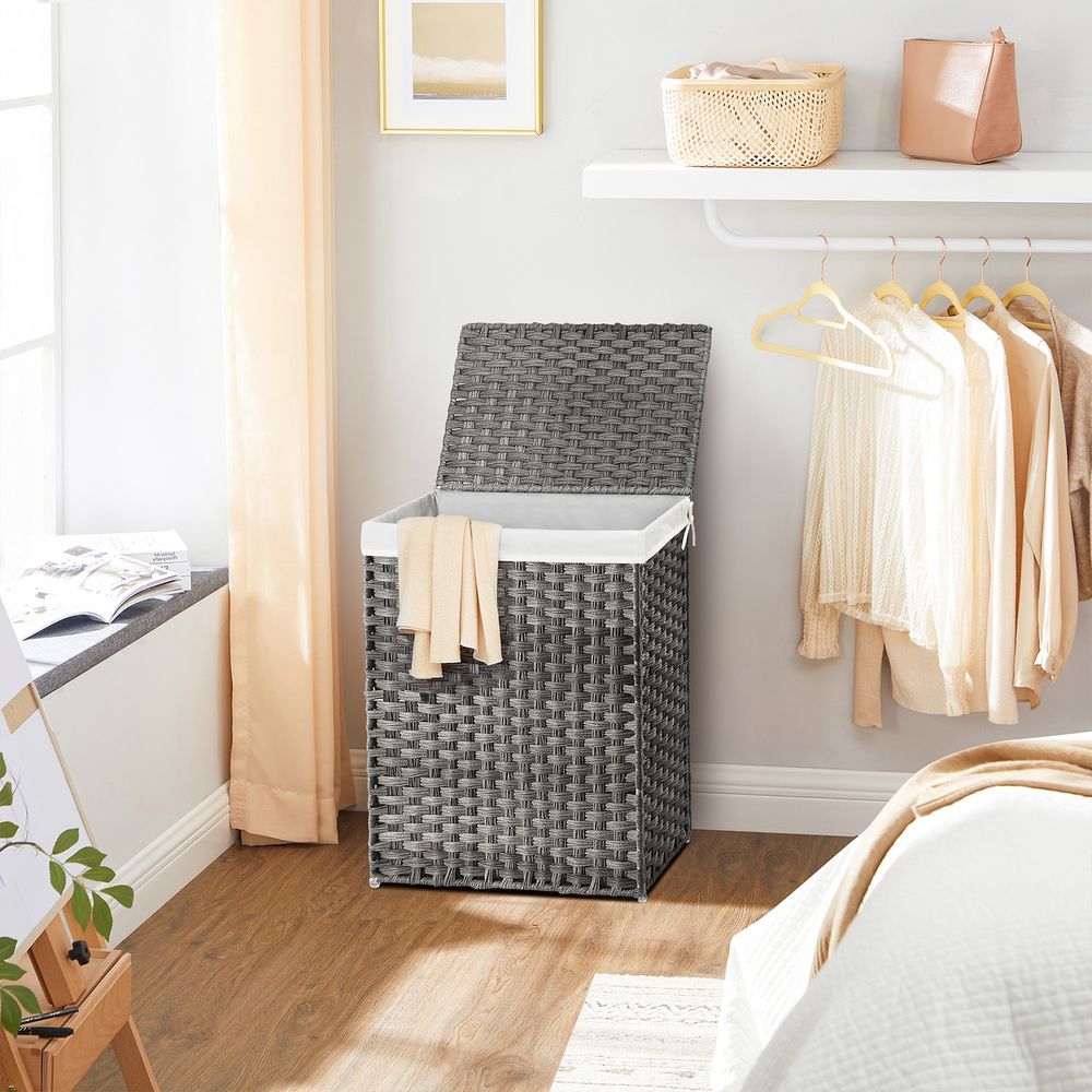 Woven Laundry Basket | Lidded Hamper With Fabric Liner