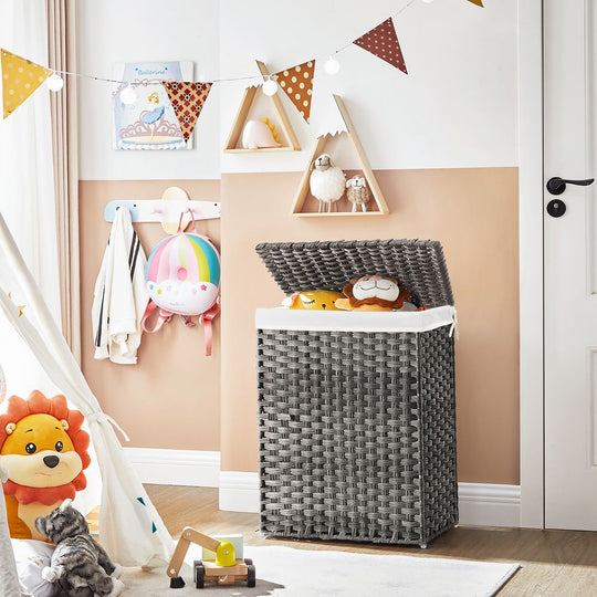 Woven Laundry Basket | Lidded Hamper With Fabric Liner