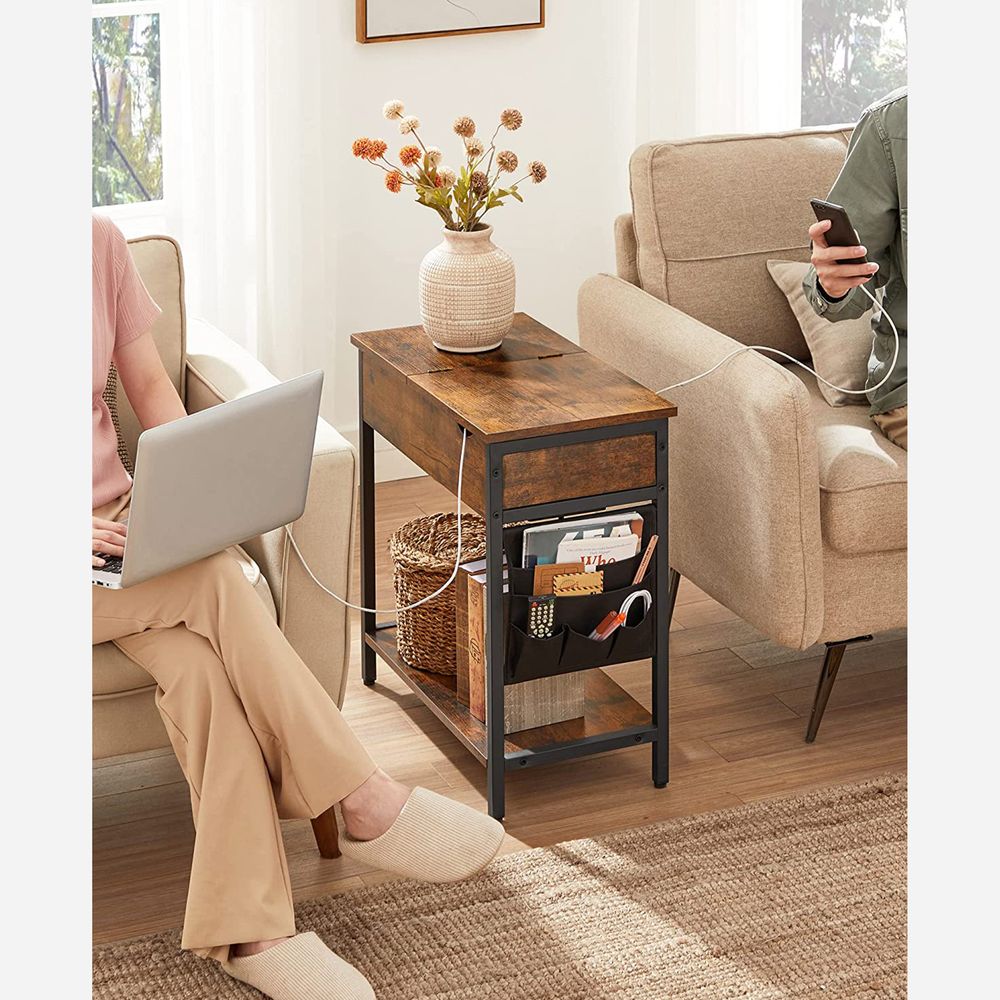 Narrow End Table With Charging Station | Flip Top And USB Ports