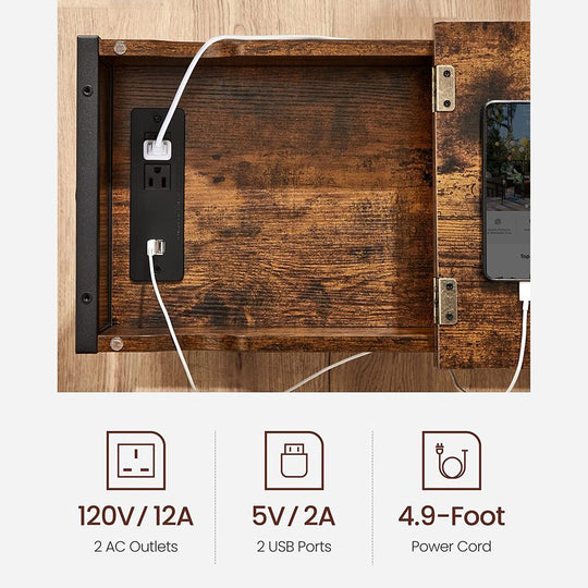 Narrow End Table With Charging Station | Flip Top And USB Ports