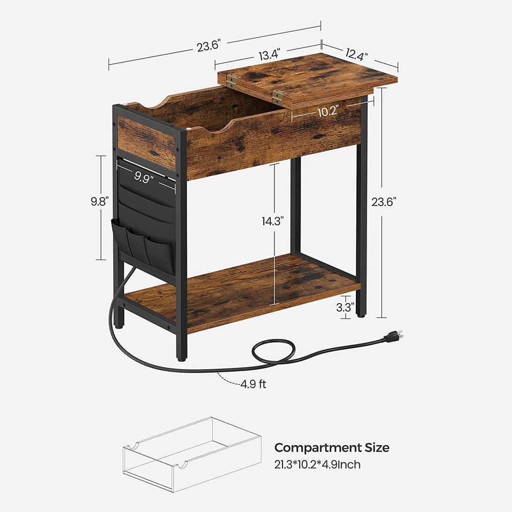 Narrow End Table With Charging Station | Flip Top And USB Ports