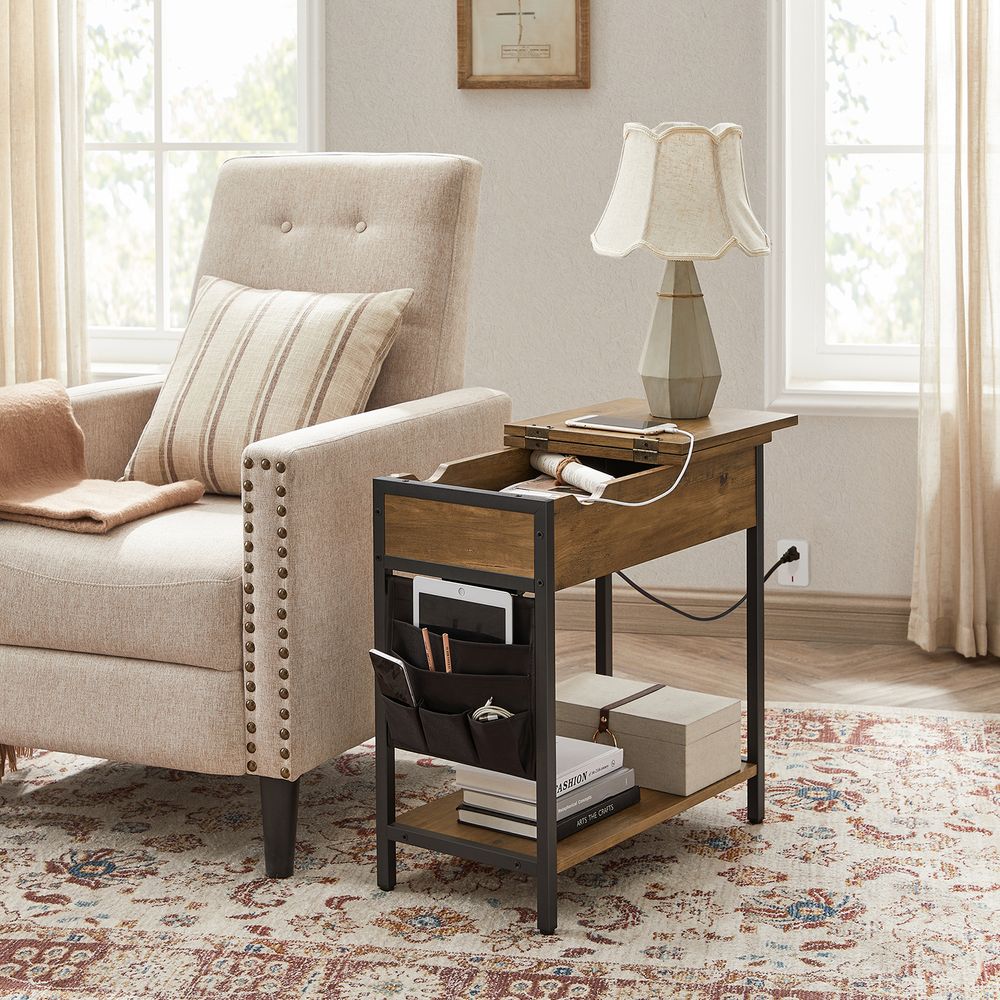 Narrow End Table With Charging Station | Flip Top And USB Ports