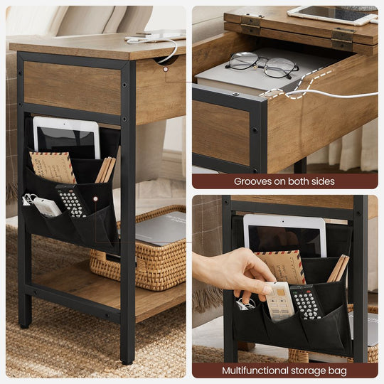 Narrow End Table With Charging Station | Flip Top And USB Ports