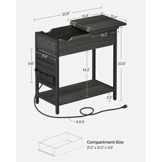 Narrow End Table With Charging Station | Flip Top And USB Ports