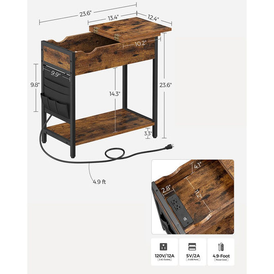 Narrow End Table With Charging Station | Flip Top And USB Ports