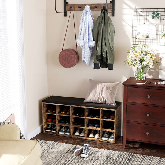 Cushioned Shoe Storage Bench | Fifteen Cubby Entryway Organizer