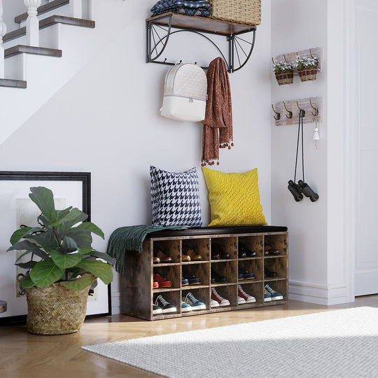 Cushioned Shoe Storage Bench | Fifteen Cubby Entryway Organizer