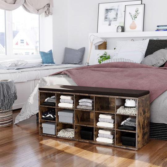 Cushioned Shoe Storage Bench | Fifteen Cubby Entryway Organizer