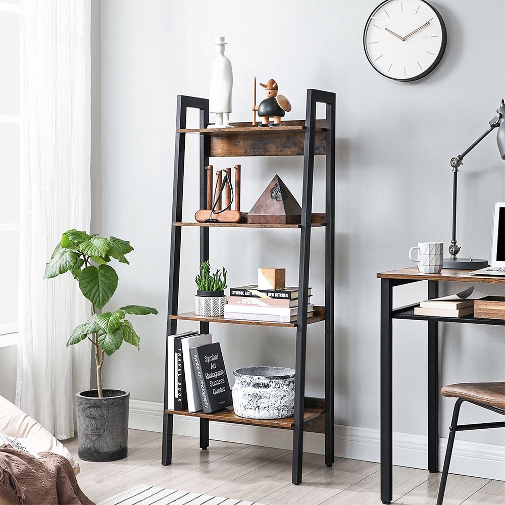 Slim Four Tier Ladder Shelf | Narrow Metal Frame Bookshelf