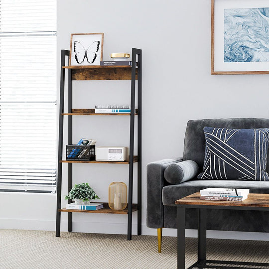 Slim Four Tier Ladder Shelf | Narrow Metal Frame Bookshelf