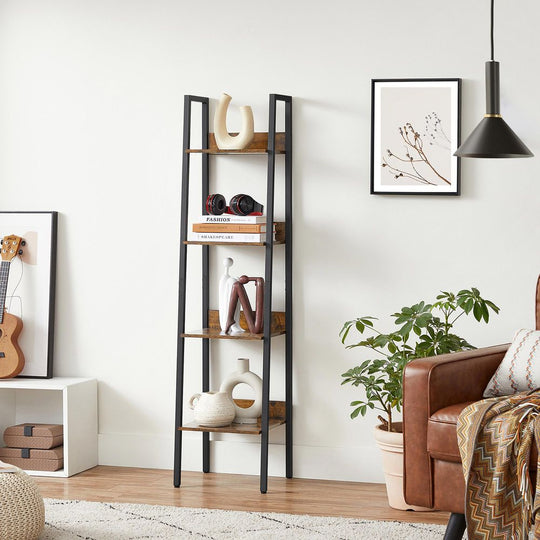 Slim Four Tier Ladder Shelf | Narrow Metal Frame Bookshelf