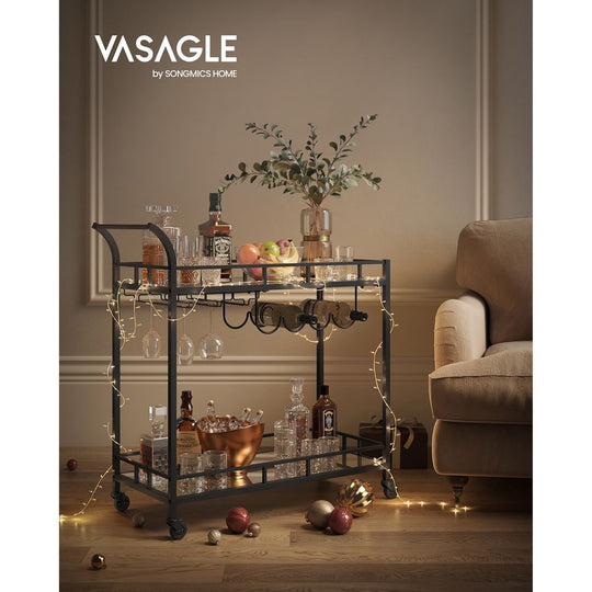 Rolling Bar Serving Cart | Mirrored Shelves With Wine Storage