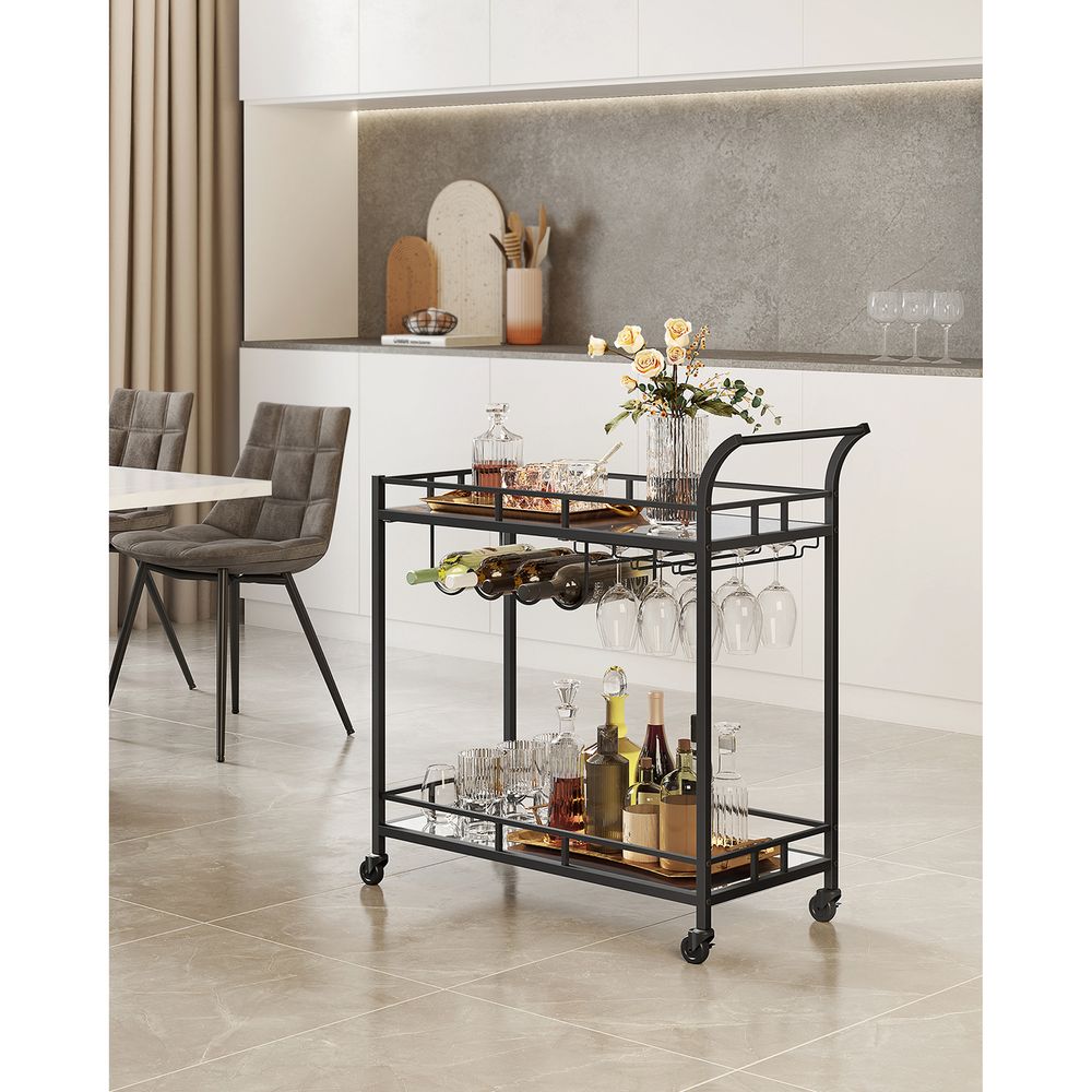 Rolling Bar Serving Cart | Mirrored Shelves With Wine Storage