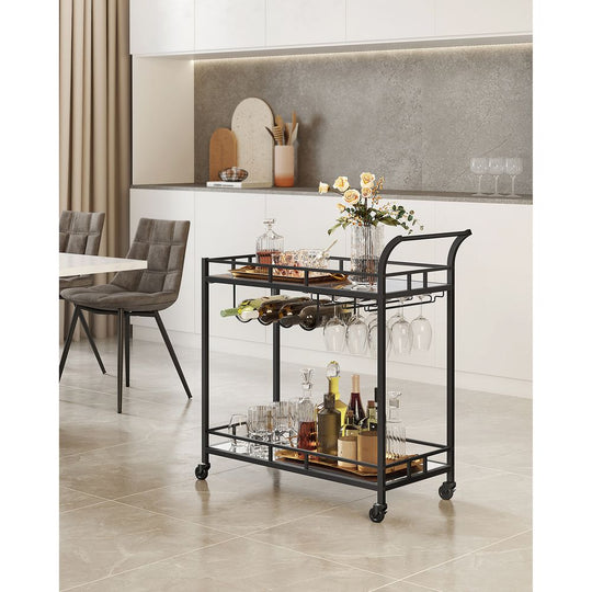 Rolling Bar Serving Cart | Mirrored Shelves With Wine Storage