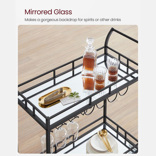 Rolling Bar Serving Cart | Mirrored Shelves With Wine Storage