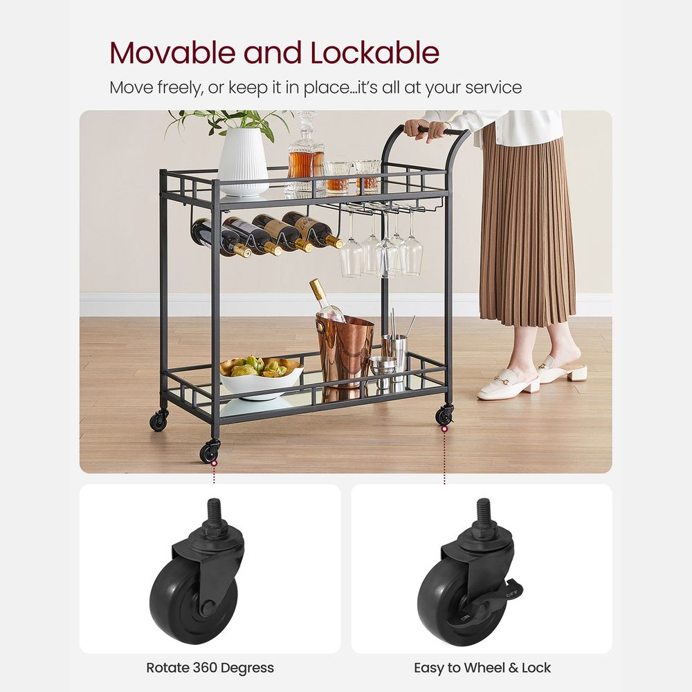 Rolling Bar Serving Cart | Mirrored Shelves With Wine Storage