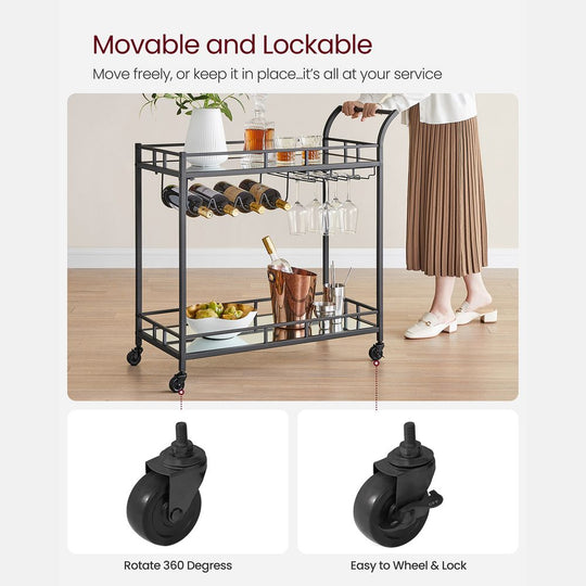 Rolling Bar Serving Cart | Mirrored Shelves With Wine Storage