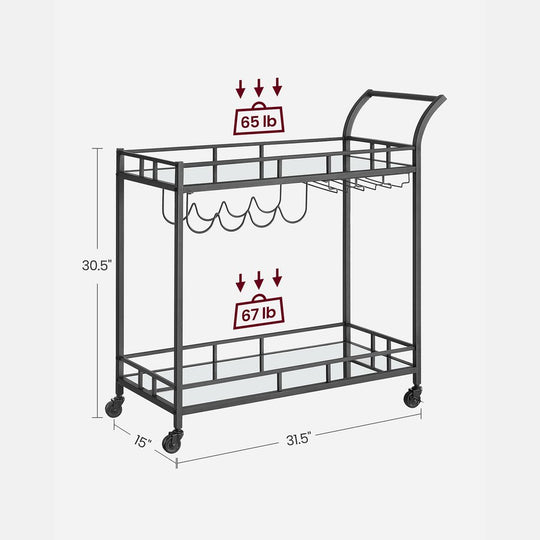 Rolling Bar Serving Cart | Mirrored Shelves With Wine Storage