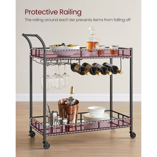 Rolling Bar Serving Cart | Mirrored Shelves With Wine Storage