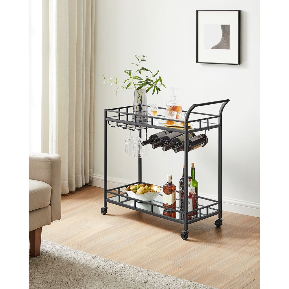 Rolling Bar Serving Cart | Mirrored Shelves With Wine Storage