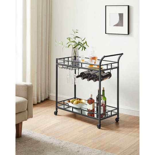 Rolling Bar Serving Cart | Mirrored Shelves With Wine Storage