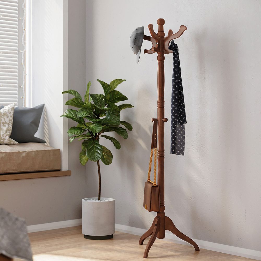 Solid Wood Coat Rack | Turned Post Stand With Curved Hooks