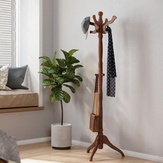 Solid Wood Coat Rack | Turned Post Stand With Curved Hooks