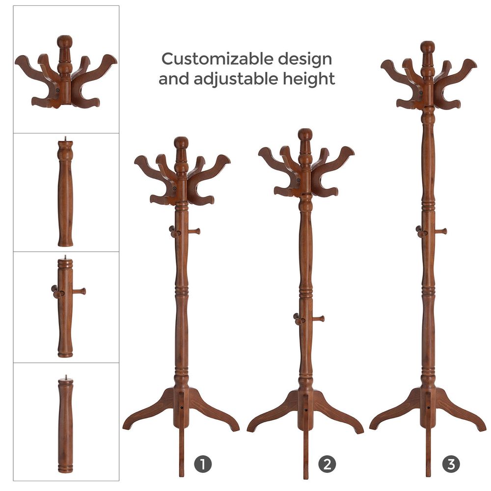 Solid Wood Coat Rack | Turned Post Stand With Curved Hooks