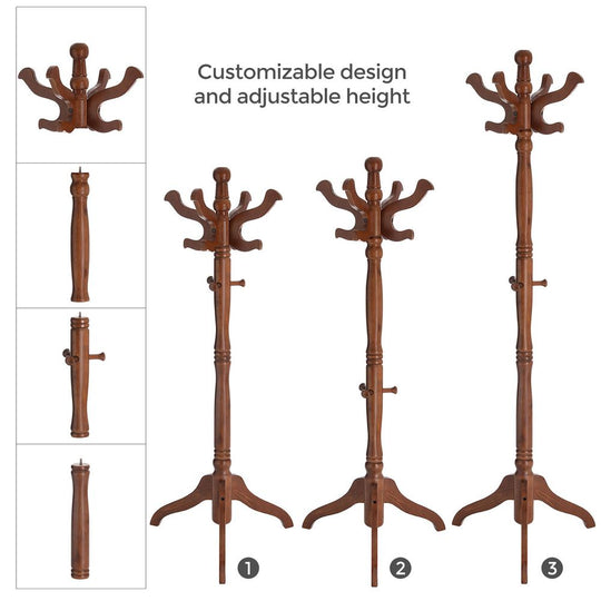 Solid Wood Coat Rack | Turned Post Stand With Curved Hooks