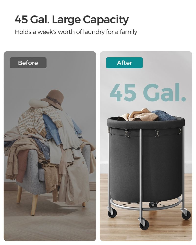 Round Rolling Laundry Hamper | Steel Frame Cart With Wheels