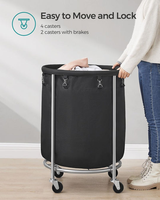 Round Rolling Laundry Hamper | Steel Frame Cart With Wheels