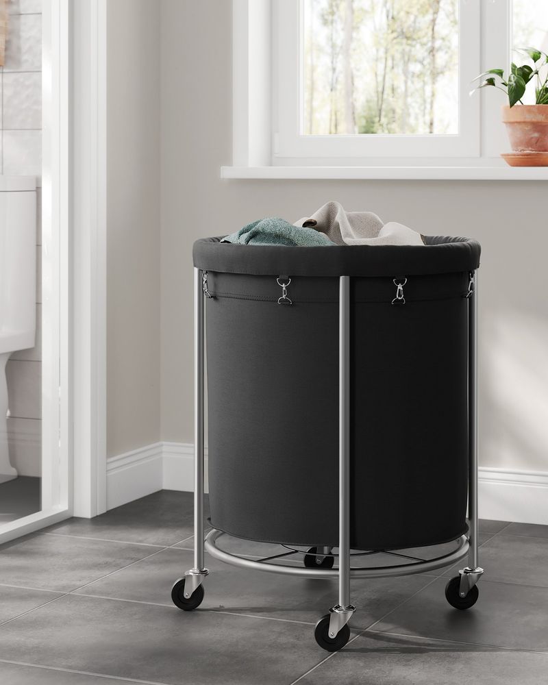 Round Rolling Laundry Hamper | Steel Frame Cart With Wheels
