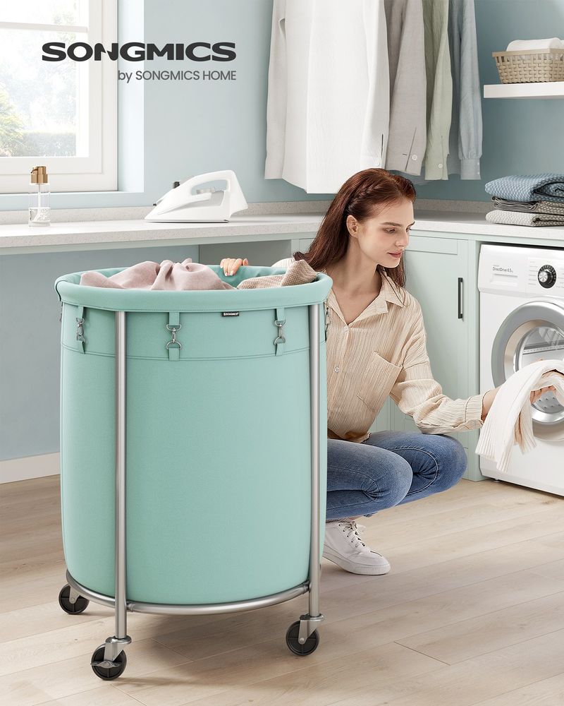 Round Rolling Laundry Hamper | Steel Frame Cart With Wheels