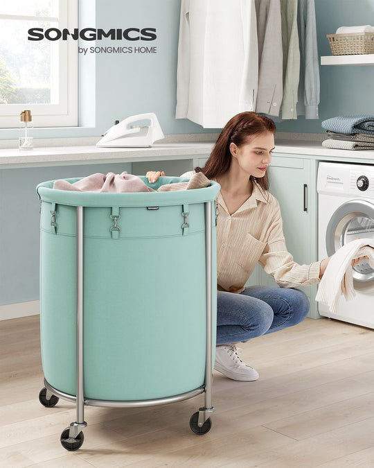 Round Rolling Laundry Hamper | Steel Frame Cart With Wheels