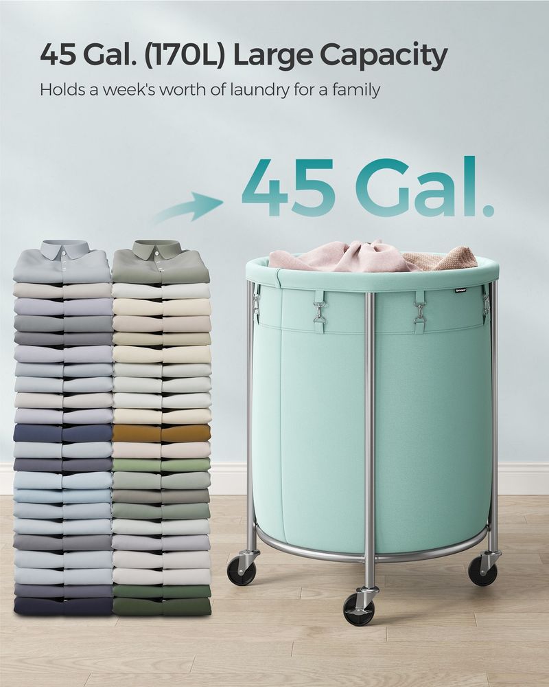 Round Rolling Laundry Hamper | Steel Frame Cart With Wheels